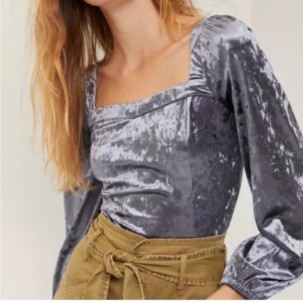 Anthropologie Blue Gray Jessima Crushed Velvet Puff Sleeve Top Sz.XS